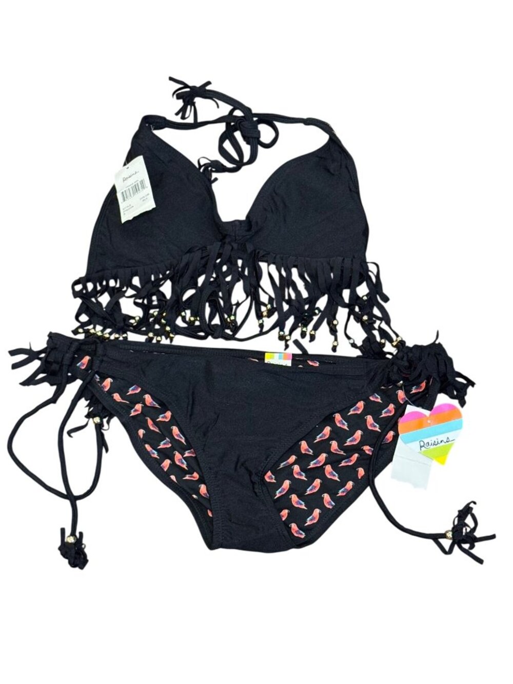 Raisins Black Fringe Bikini Set With Parrot Print Size Small New With Tags